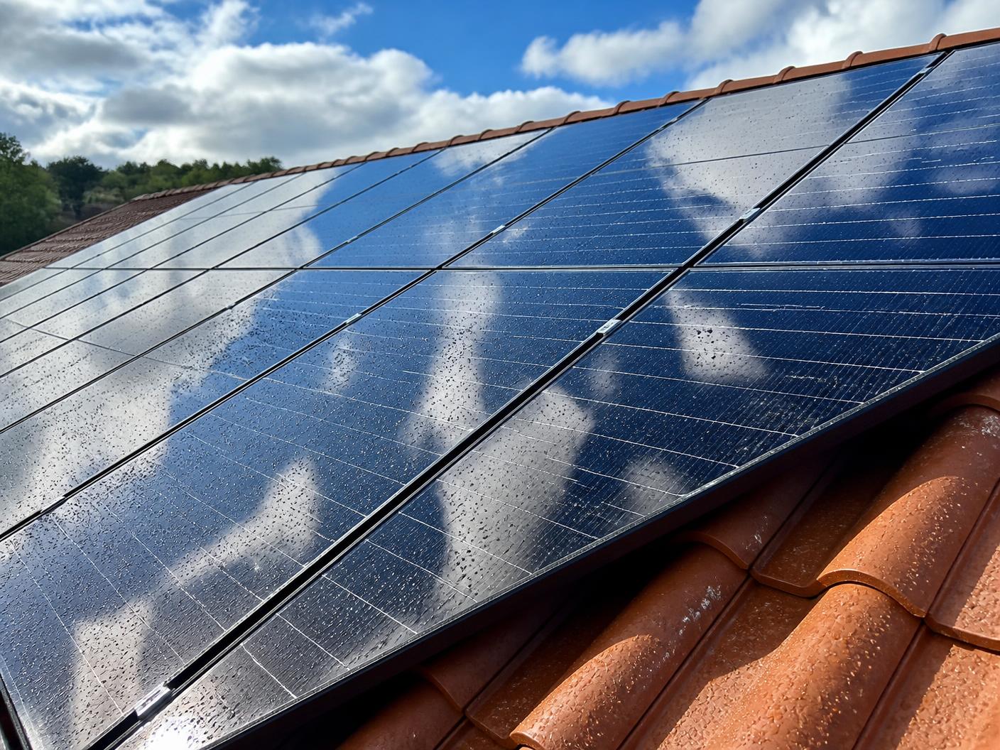 Panneaux solaires propres, encore mouillés après lavage