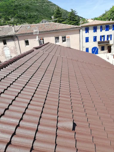 Toiture en tuiles remise en couleur, d'une teinte brune uniforme